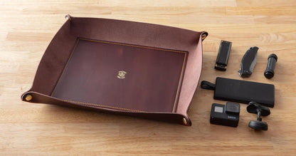 USA Handmade Premium Leather Valet Tray, Folds Flat! Dice Rolling Basket and Organizer with Brass Snaps - Reinforced Base - for Keys, Jewelry, Coin, EDC, Watch Storage Caddy - Black XLarge