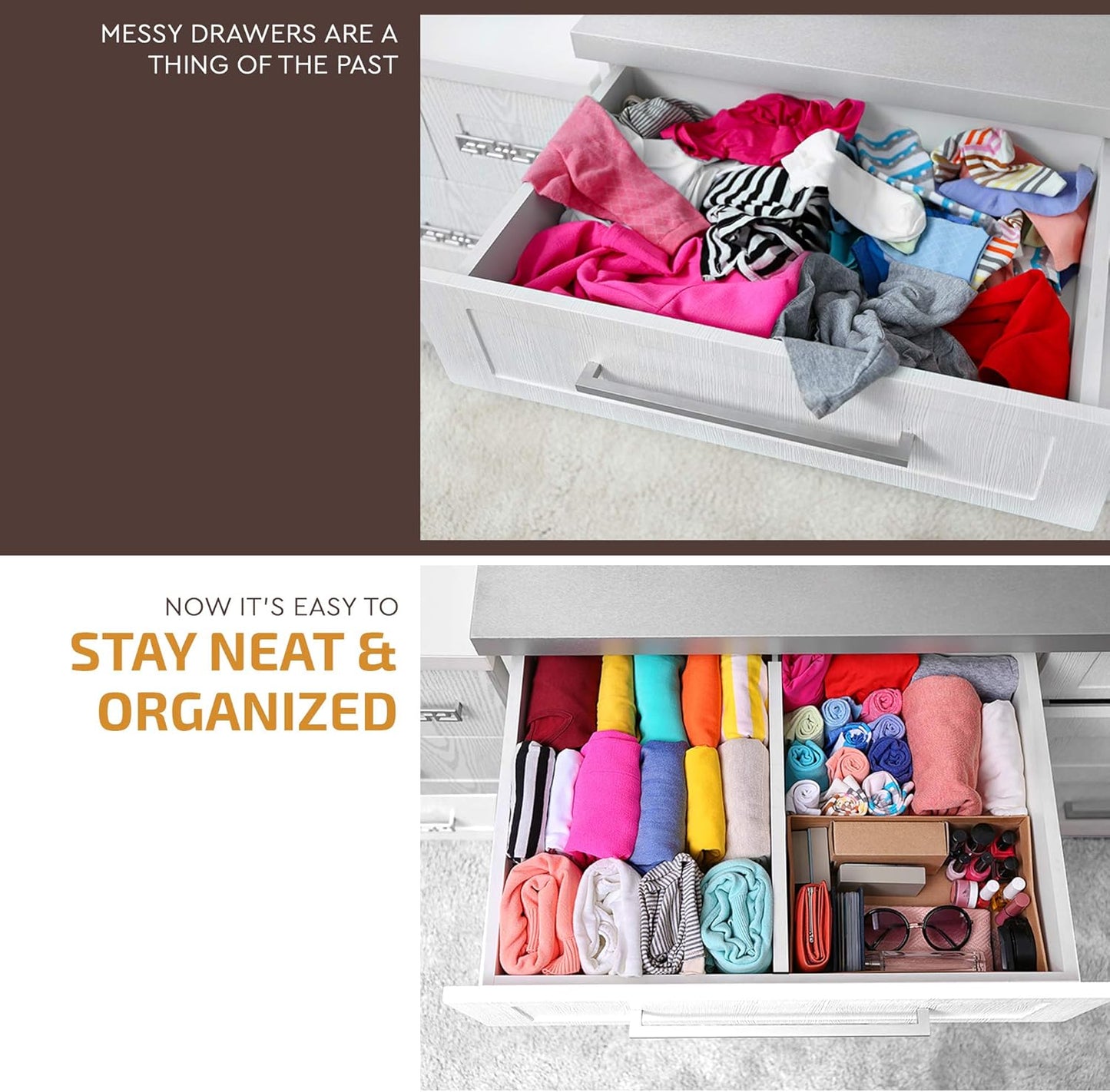 6-Pack Drawer Dividers - 2.6 Inches High, Adjustable 16 to 22 Inches Bamboo Drawer Organizer, Large Expandable Separator for Clothes, Dresser, Bedroom, Bathroom, Baby, Office, Kitchen Utensils, Black