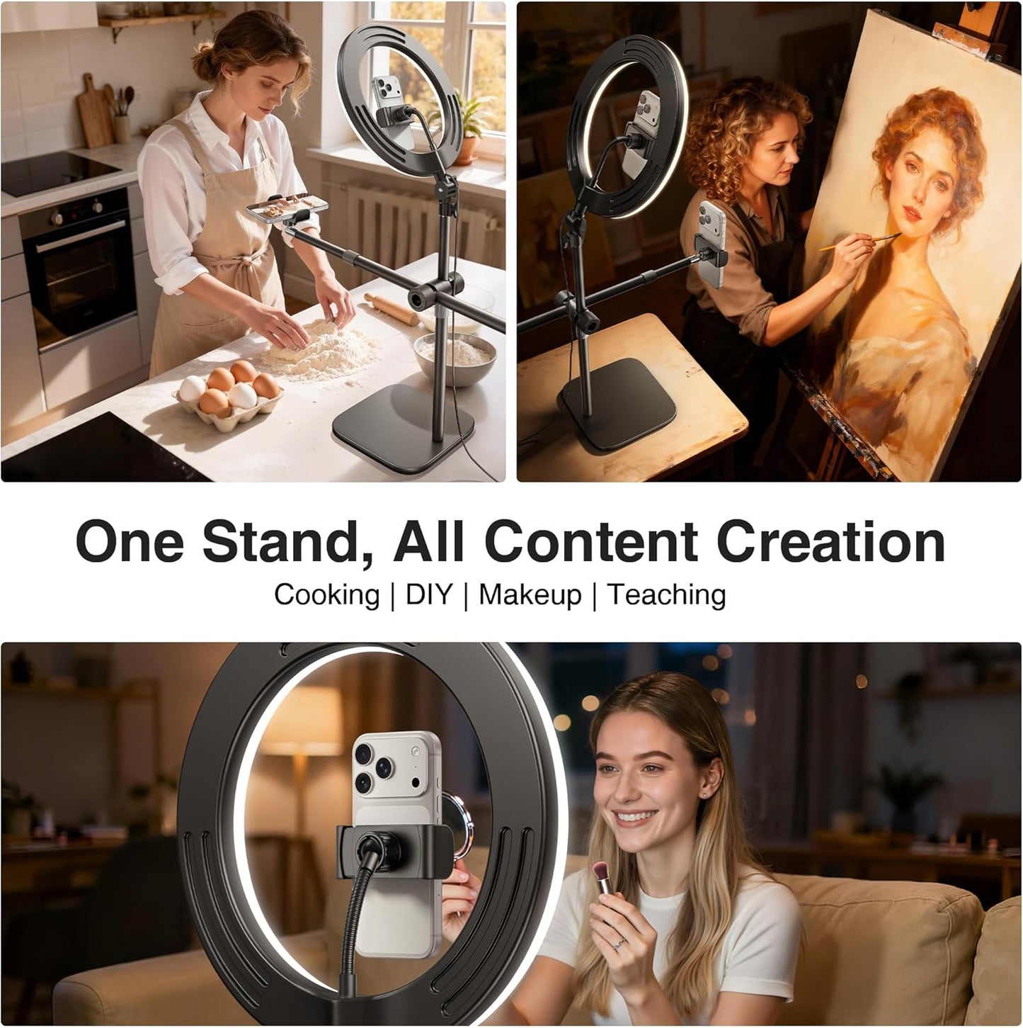 Overhead Phone Mount, Overhead Camera Mount Stand [Anti-Shaking] with 10.5" Ring Light, Desk Stand for iPhone with Ring Light for Video Recording, Zoom Meeting, YouTube, TikTok