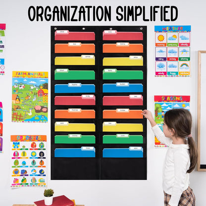Essex Wares - 7 Pocket File Pocket Chart, Black, Tall - Versatile Wall Hanging File Folder Organizer for Classroom, Office, Home, and More - Wall Folder Organizer - 7 Pockets