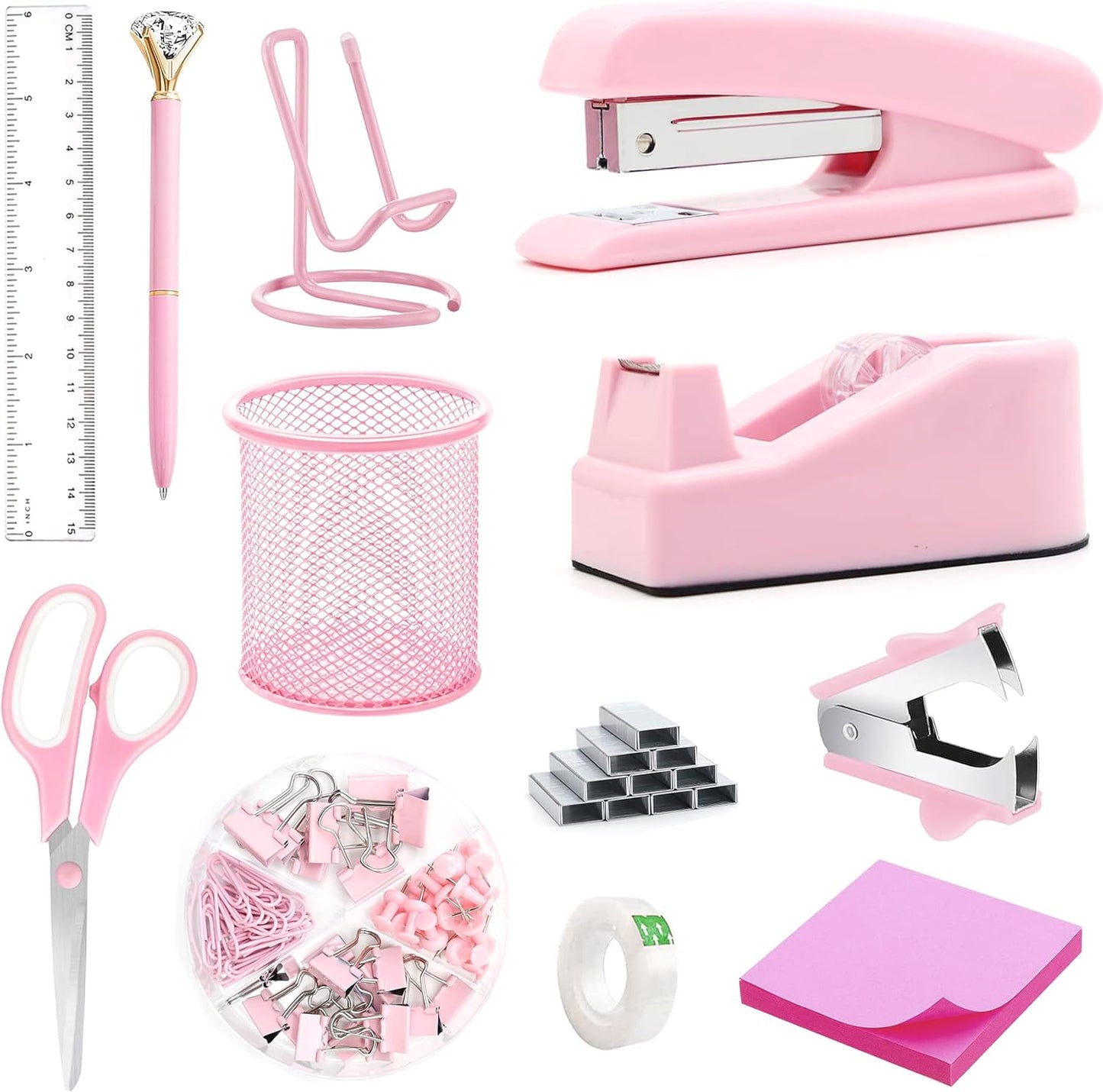 Office Desk Accessories, Acrylic Stapler, Staple Remover, Tape Holder, Pen Holder, Ballpoint Pen, Scissor, Binder Clips, 1000pcs Staples, Phone Holder, Ruler, Transparent Glue and 300 Notes