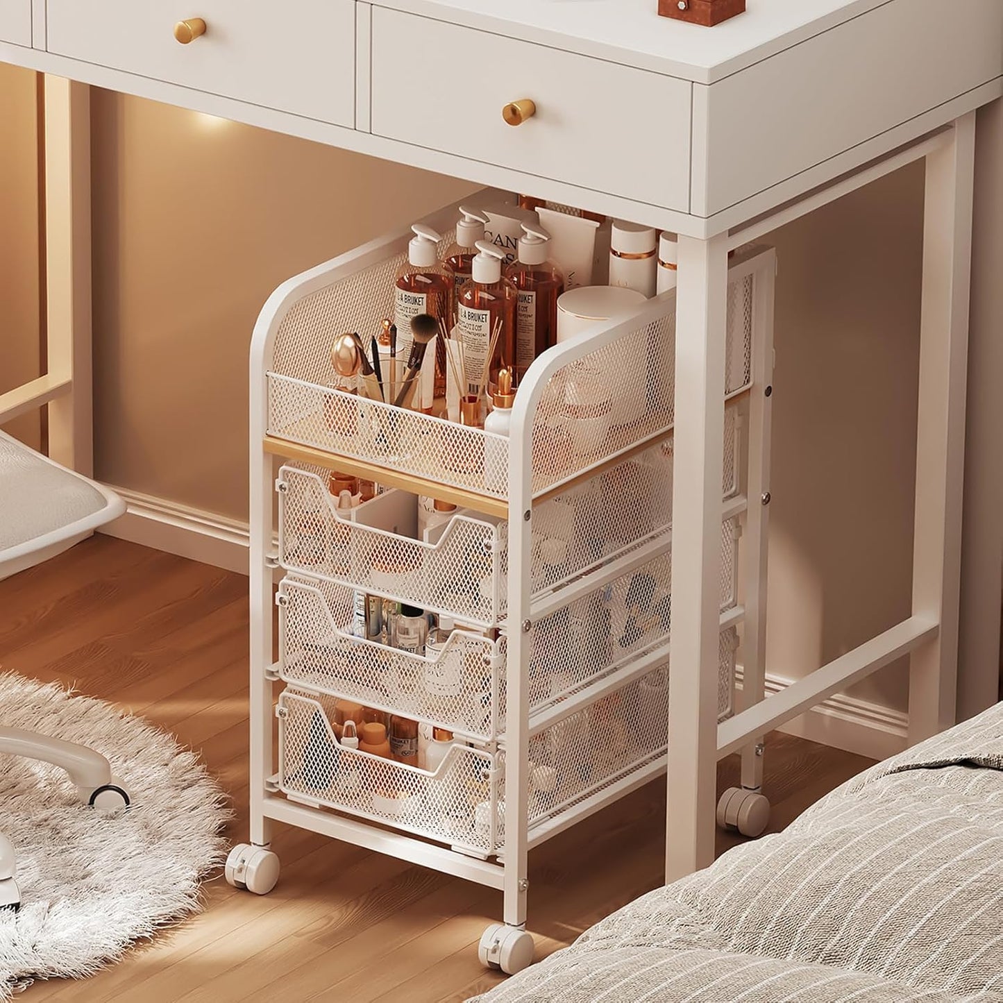 Hongtamoya Rolling Makeup Cart Organizer with 2 Drawers, Narrow Floor Skincare Organizers, Vanity Organizer Cosmetics Display Cases Holder for Skin Care Nail Polish Perfume Makeup Brush, White