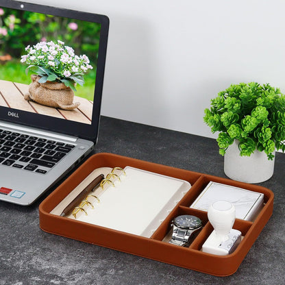 Buqoo PU Valet Tray for Nightstand & Desk – Multipurpose EDC Catchall Organizer for Phones, Watches, Keys & Accessories, Brown