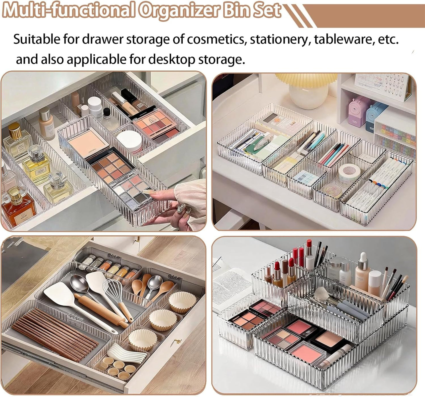 Makeup Drawer Organizer Bins Set - 7 PCS 4-Size Clear Bathroom Drawer Organizers Trays, Desk Junk Vanity Drawer Organizer Storage, Kitchen Utensils, Bathroom, Jewelries and Office