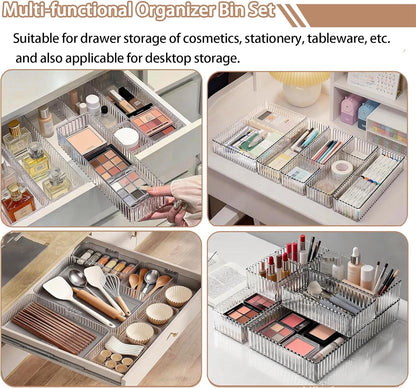 Makeup Drawer Organizer Bins Set - 7 PCS 4-Size Clear Bathroom Drawer Organizers Trays, Desk Junk Vanity Drawer Organizer Storage, Kitchen Utensils, Bathroom, Jewelries and Office