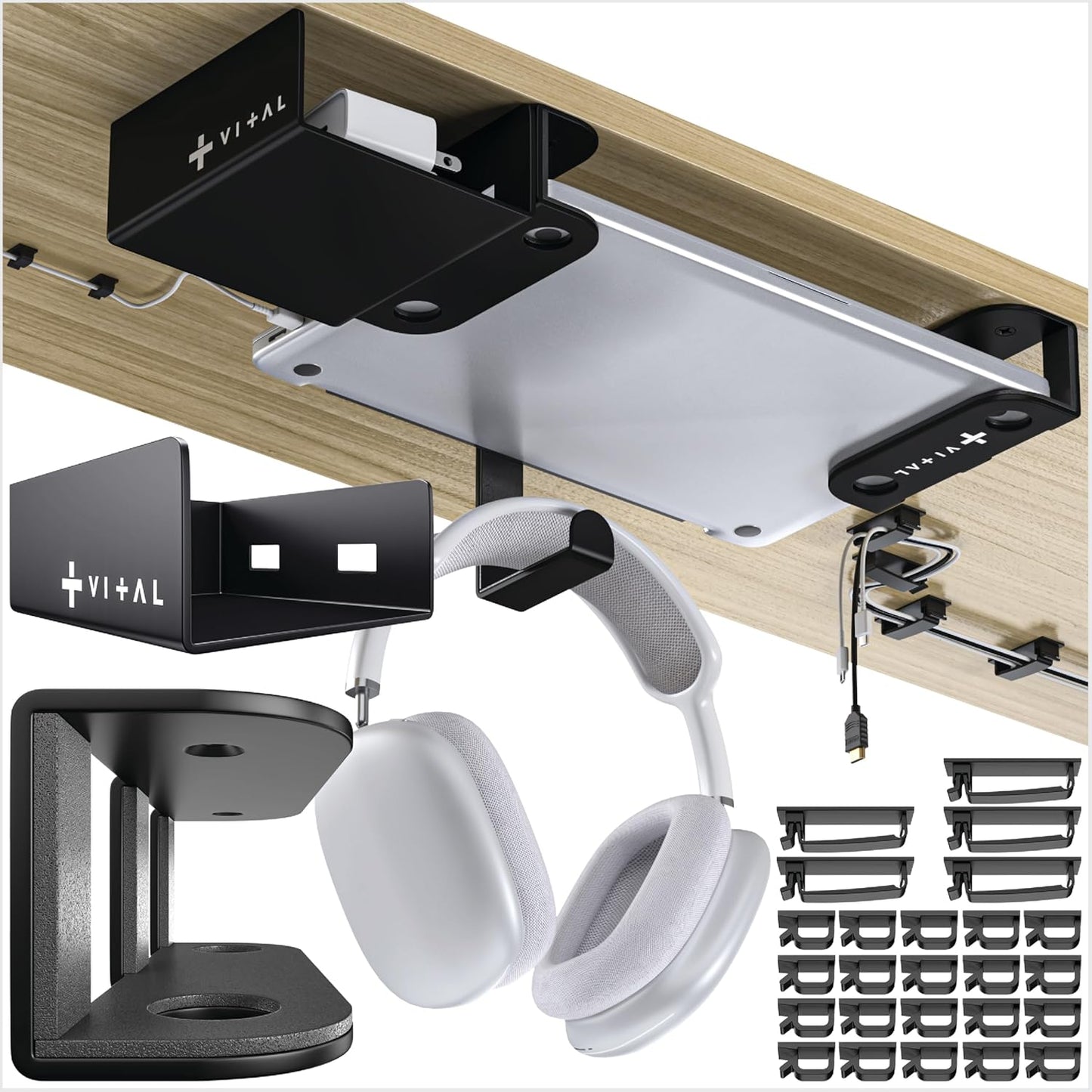 VI+AL Under Desk Laptop Mount - Hidden Metal Shelf with Side Storage, Hook & Cable Organizer - Installs with Tape & Screws - Fits Devices up to 1.7" Thick - Deluxe + LED (USB Light Strip & Remote)