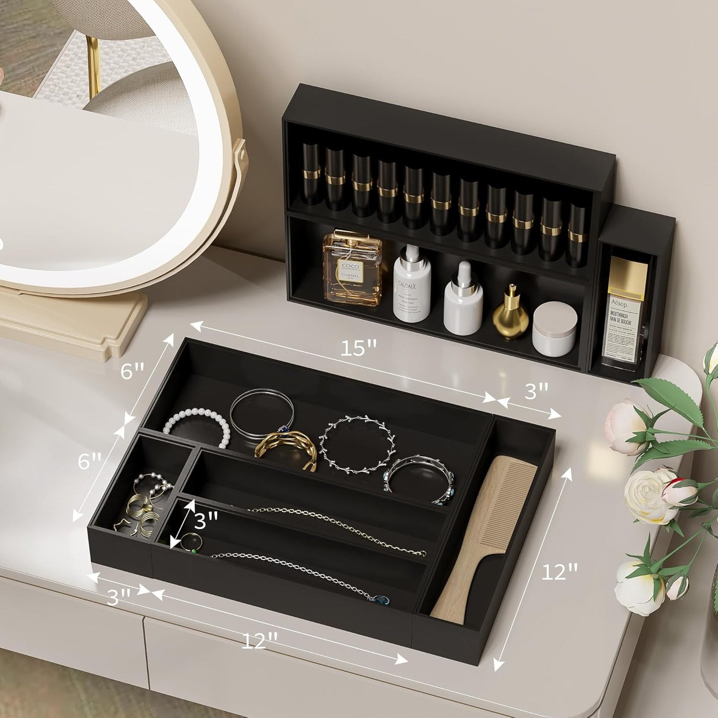 Kitchen Drawer Organizer Bins, Stackable Bamboo Drawer Organizer for Silverware, Flatware, Coffee Pod Organizer K Cup Holder for Countertop, 2 Pcs Coffee Station Organizer 12" x 6" x 2.5"