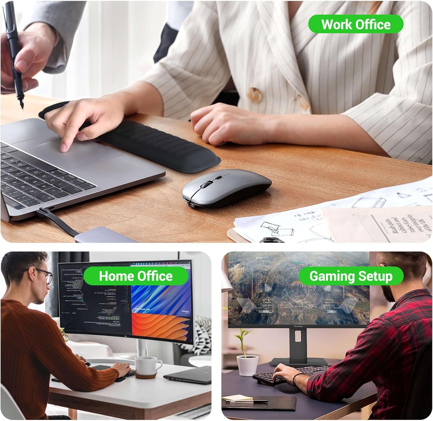 MEKASS Ergonomic Wrist Rest for Keyboard and Mouse, Soft Memory Foam Keyboard Wrist Rest Set with Non-Slip Silicone Base, Easy Typing, Pain Relief, Comfort for Office, Work, Gaming (Classic Black)