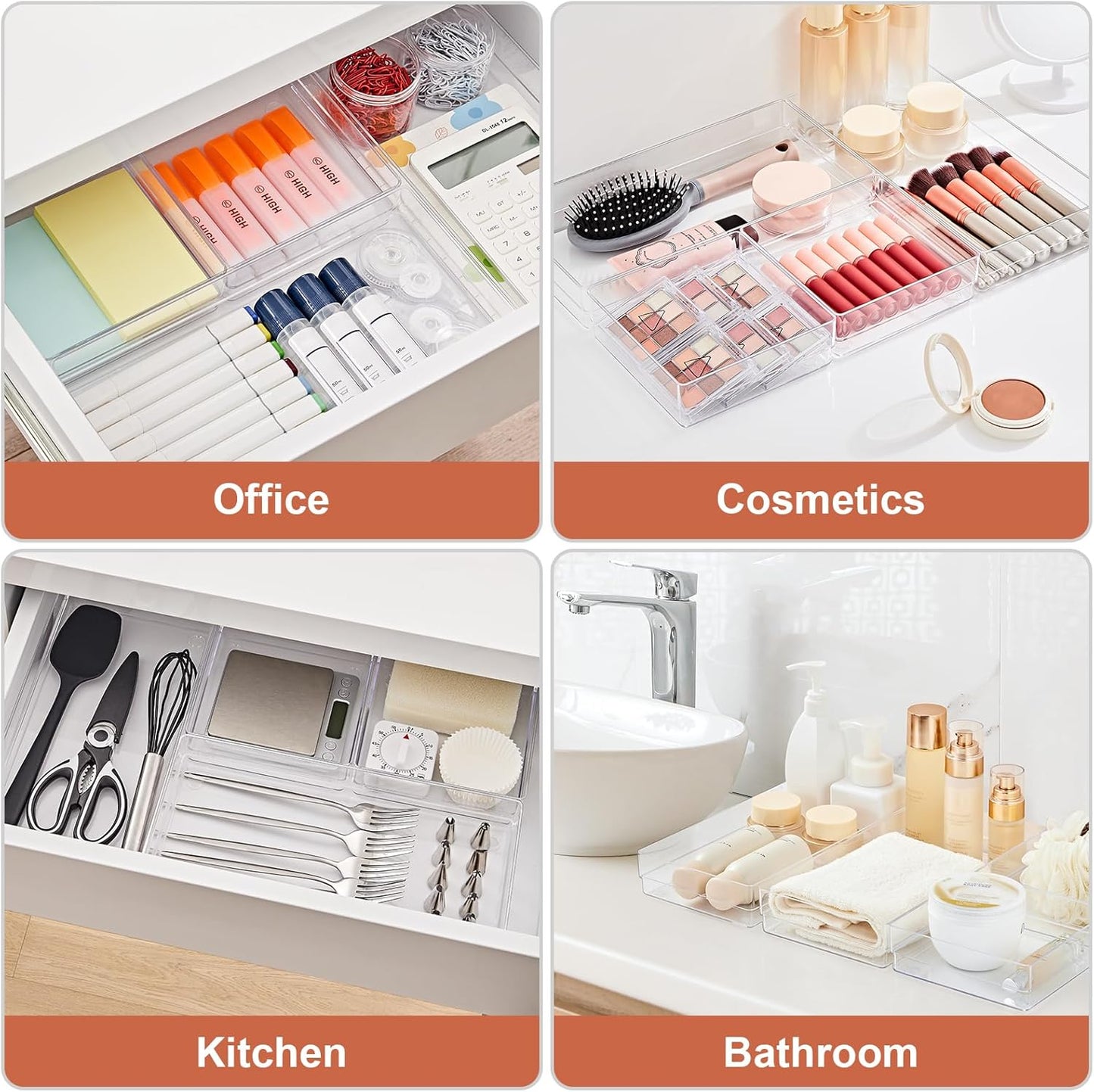 SMARTAKE 6 PCS Clear Plastic Drawer Organizers Set, Large Size Non-Slip Desk Drawer Organizer, Versatile Bathroom and Vanity Drawer Organizer Trays for Makeup, Bedroom, Office, Kitchen Utensils