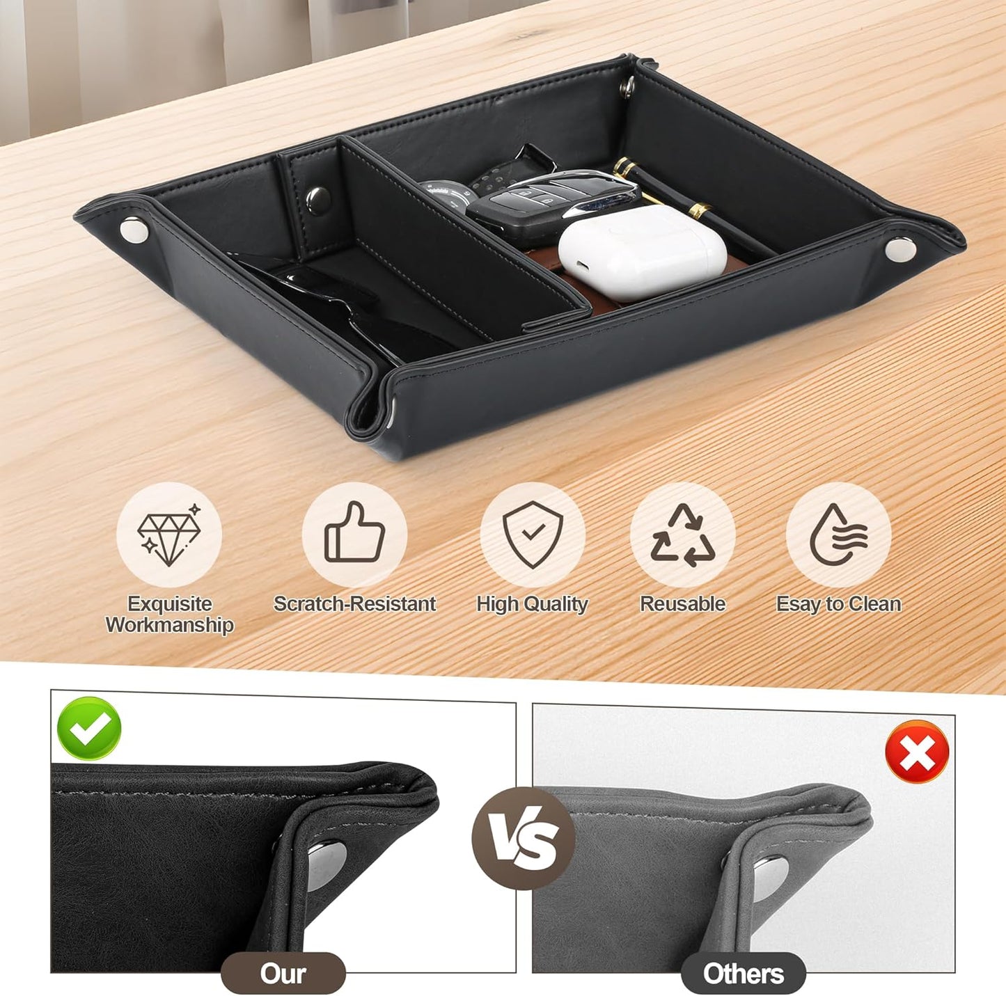 Deluxe Leather Tray Desktop Storage Organizer Watch Remote Control Jewelry Cell Phone Wallet Keychain Desktop Storage for Home, Camping Unique Gift Ideas for Men and Friends