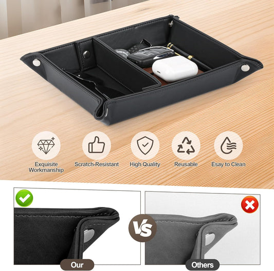 Deluxe Leather Tray Desktop Storage Organizer Watch Remote Control Jewelry Cell Phone Wallet Keychain Desktop Storage for Home, Camping Unique Gift Ideas for Men and Friends
