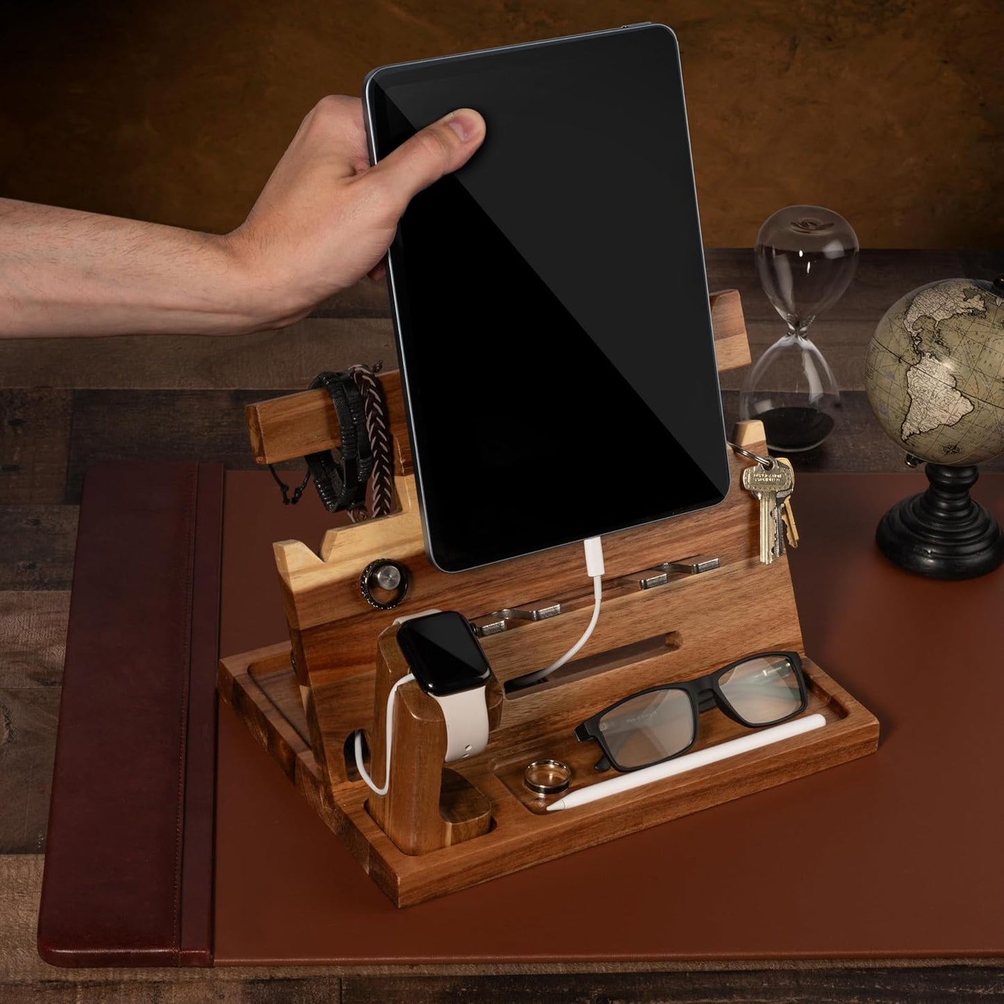 Wood Phone Docking Station for Men, Nightstand Organizer, Gifts for Him from Daughter Son Wife, Christmas Anniversary Birthday Gift Ideas for Husband Him