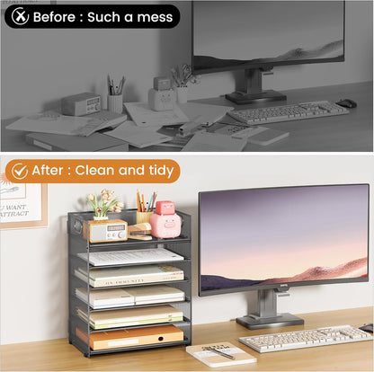 Subekyu 6 Tier Office File Paper Desk Tray Organizer with Handle, Stackable Slide Mesh Letter Tray Folder Blue Desk Organizer, Desktop Document Sorter for Classroom, Office, Home Supplies Storage