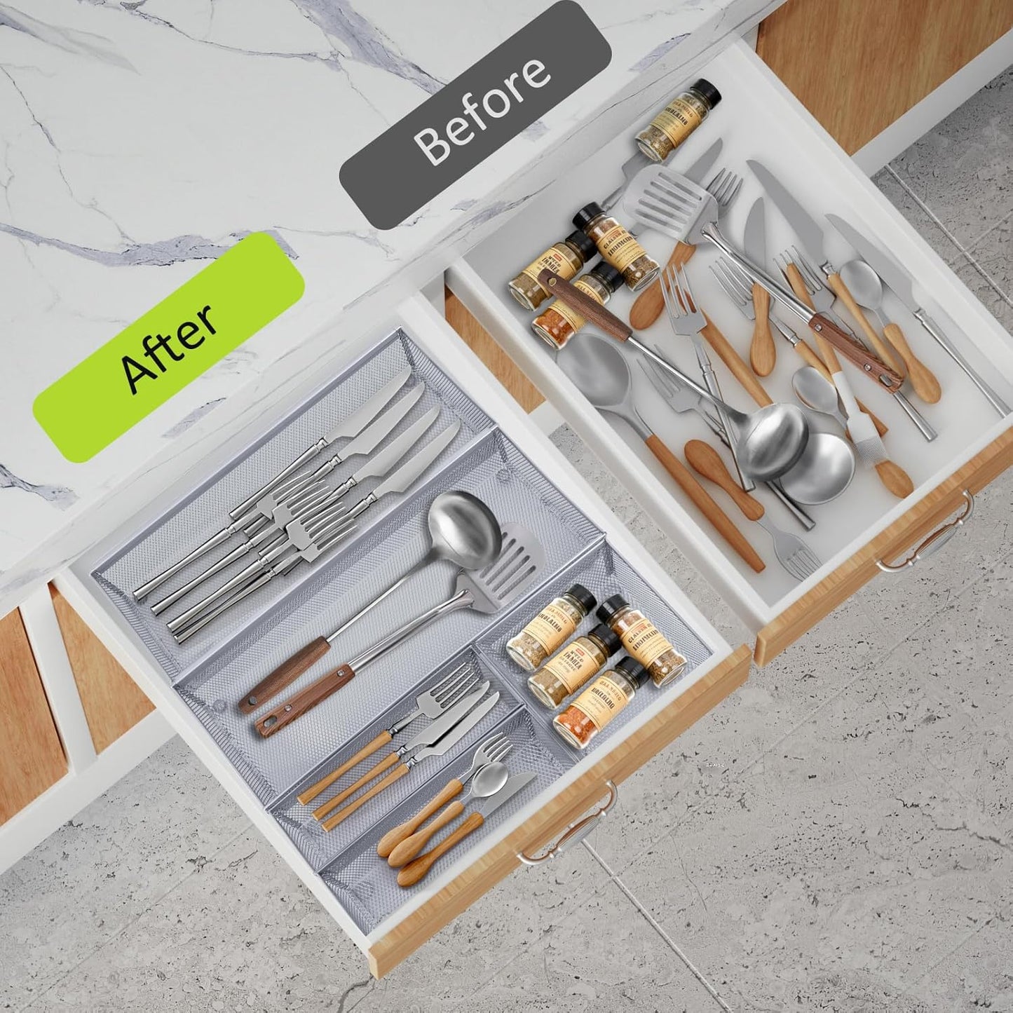 Neudeco Drawer Organizer Set 6 Pack - 5-Compartment Silverware Organizer Tray + 5 Utensil Trays, Kitchen Drawer Organizer for Flatware, Cutlery, Office Supplies, Black Mesh, Non-Slip.