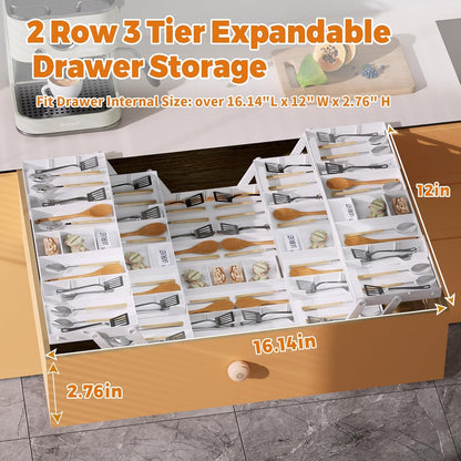 3 Tier Drawer Organizer - Expandable Junk Drawer Organizers Smart Office Supply Organizer, Folding Drawer Storage Multi-level Desk Organizer for Makeup,Jewelry,Cosmetics,Kitchen Storage (1 Row 3 Tier)