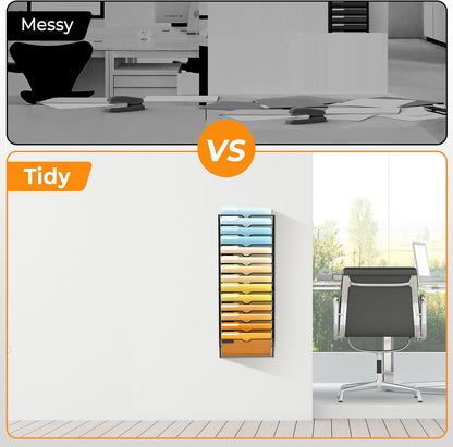 SUPEASY 5 Tier Wall File Organizer, Hanging Wall Mounted Mail Organizer with Label Slots, Metal Mesh File Holder Magazine Rack for Office, Home, School or Classroom, Black