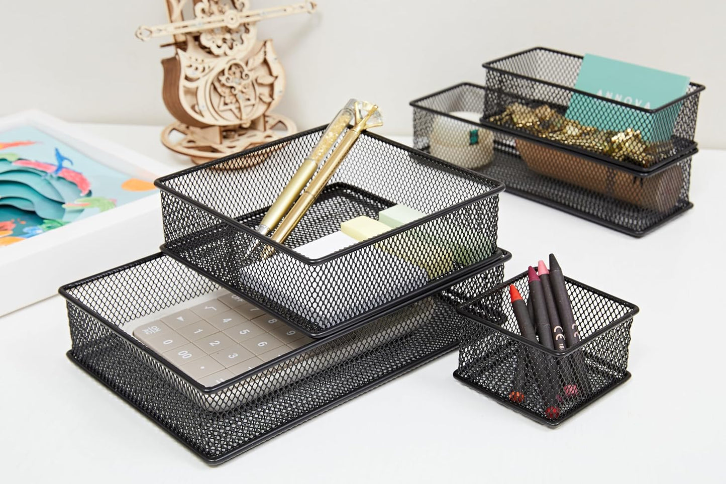 Annova Stackable Mesh Drawer Cabinet and Shelf Organizer Bins Storage Basket School Office Supply Holder Tray- Set of 2 (Gold, 3x3x2 Inch)