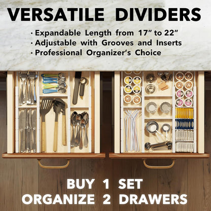 SpaceAid Bamboo Drawer Dividers with Inserts and Labels, Kitchen Adjustable Drawer Organizers, Expandable Organization for Home, Office, Dressers, 4 Dividers with 9 Inserts (17"-22" Natural)