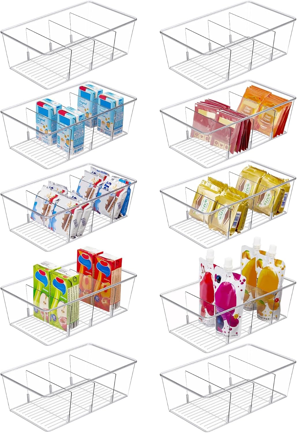 Vtopmart 8 Pack Food Storage Organizer Bins, Clear Plastic Bins for Pantry, Kitchen, Fridge, Cabinet Organization and Storage, 4 Compartment Holder for Packets, Snacks, Pouches, Spice Packets