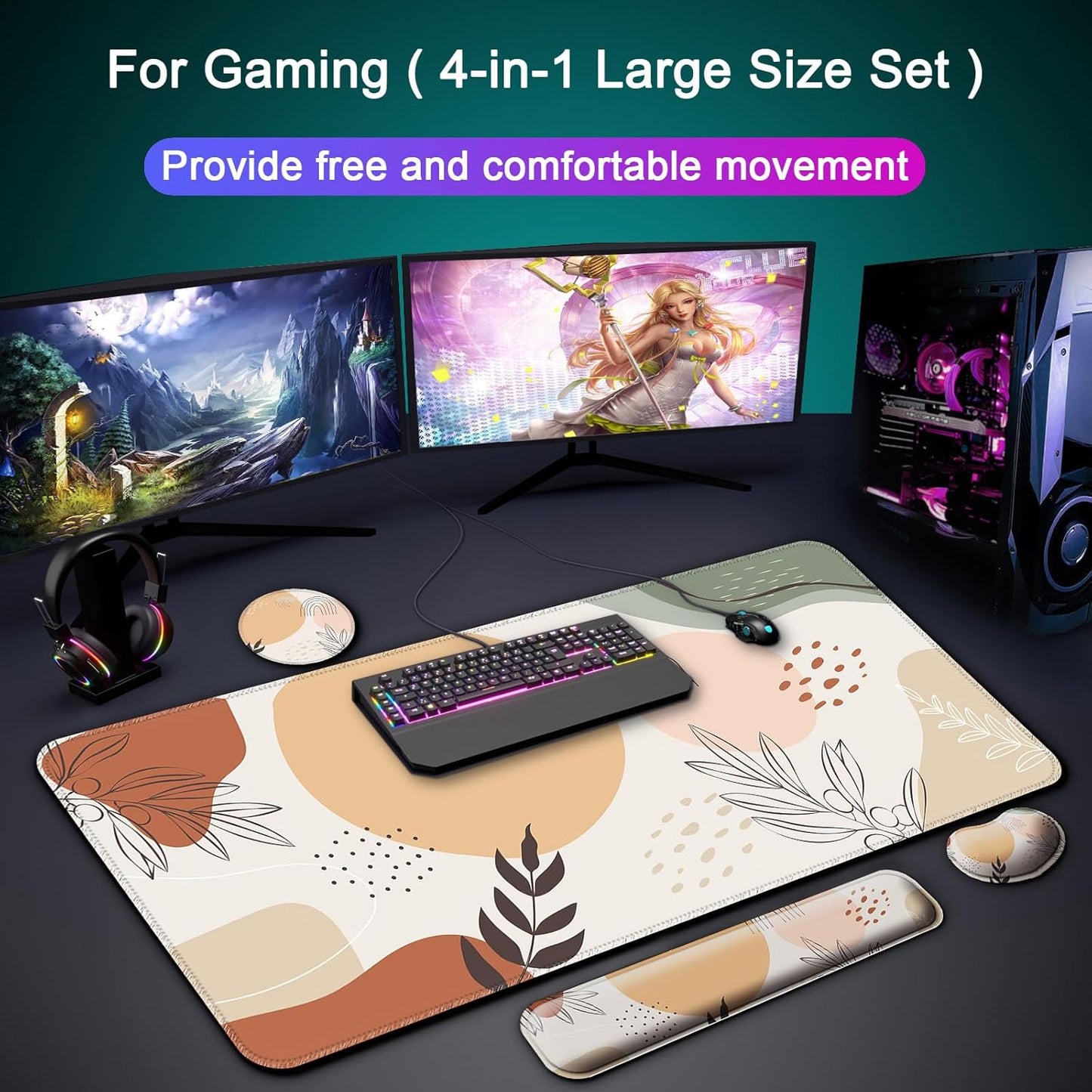 Keyboard Wrist Rest + Mouse Pad with Wrist Support + Desk Mat + Coaster 4 in 1 Set, XXL Large Gaming Mousepad Cute Ergonomic Mouse Pads for Desk Computer Laptop Office Decor-Beach