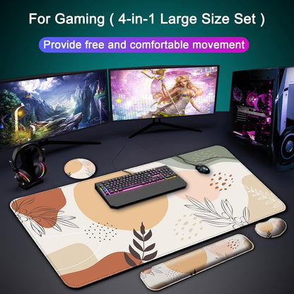 Keyboard Wrist Rest + Mouse Pad with Wrist Support + Desk Mat + Coaster 4 in 1 Set, XXL Large Gaming Mousepad Cute Ergonomic Mouse Pads for Desk Computer Laptop Office Decor-Beach
