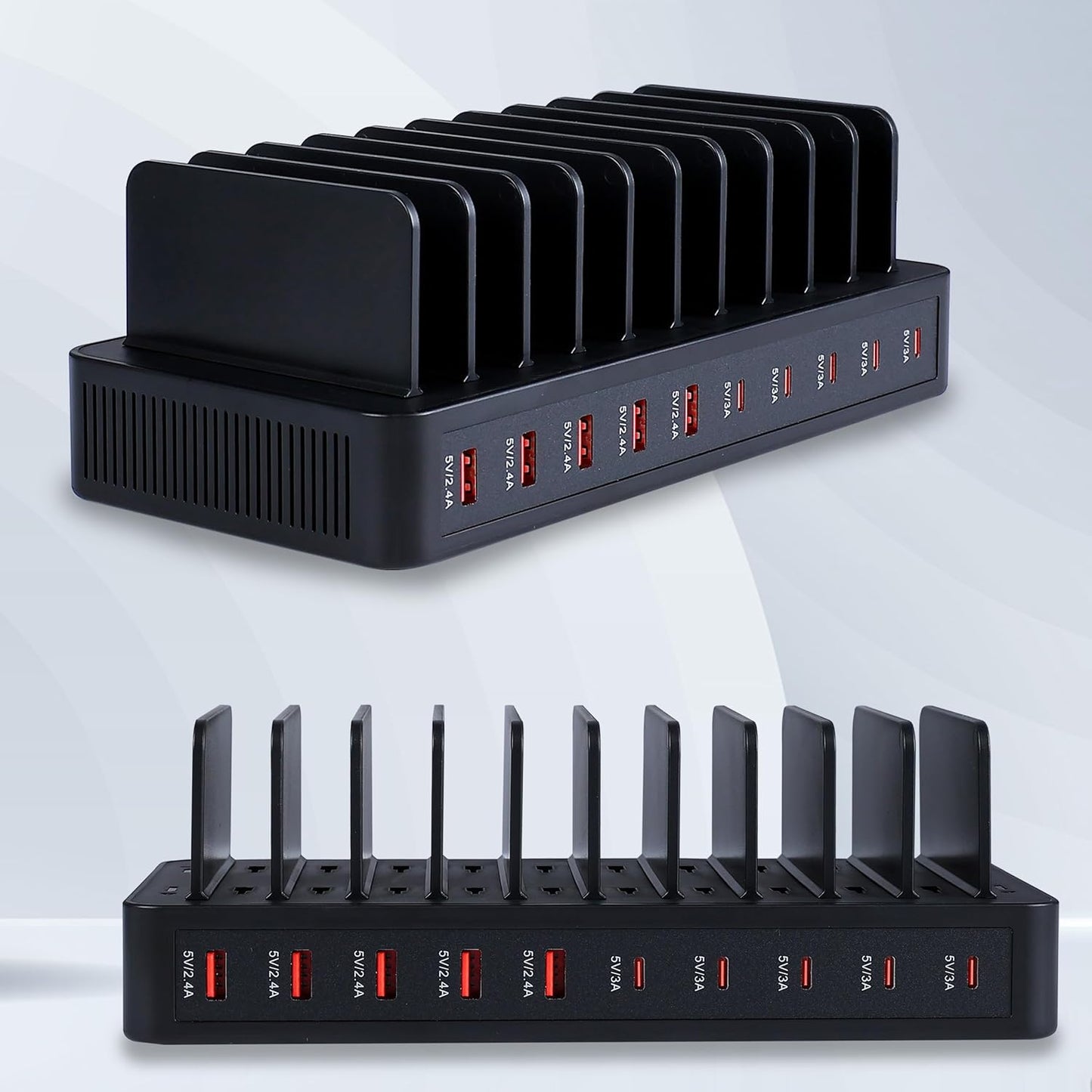 100W 10-Port Smart Charging Station | 5 USB-A & 5 USB-C Ports | Organized Design for Cellphones, Tablets, Watches & More (Black)