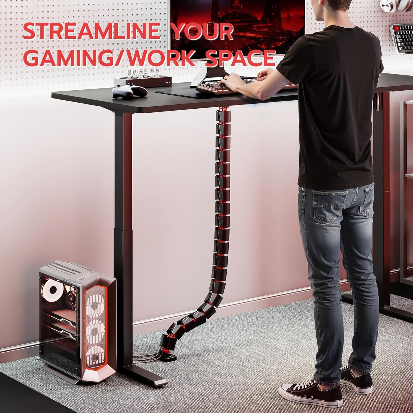 ARES WING Under Desk Cable Management Spine, Magnetic Vertebrae Cable Management for Standing Desk, Length Adjustable Cord Organizer with 20 Modular Vertebrae for Office and Gaming Desks, Red