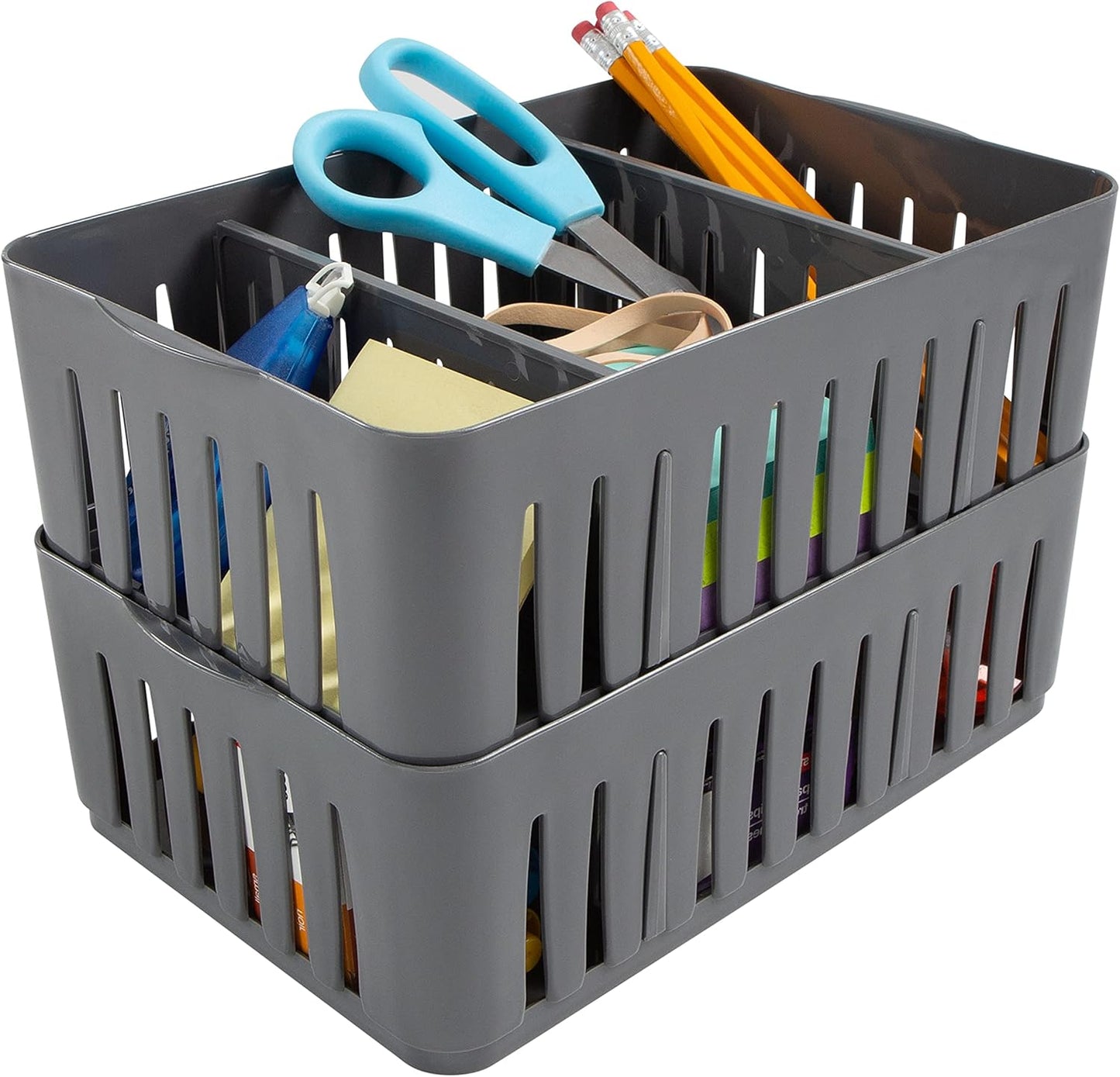 Simplify 4 Compartment Stackable Bin with Adjustable Dividers | Drawer Organizer | Storage Basket | Good for Office | Desk Supplies | Dorm |Bathroom | Accessories | Make Up | Grey