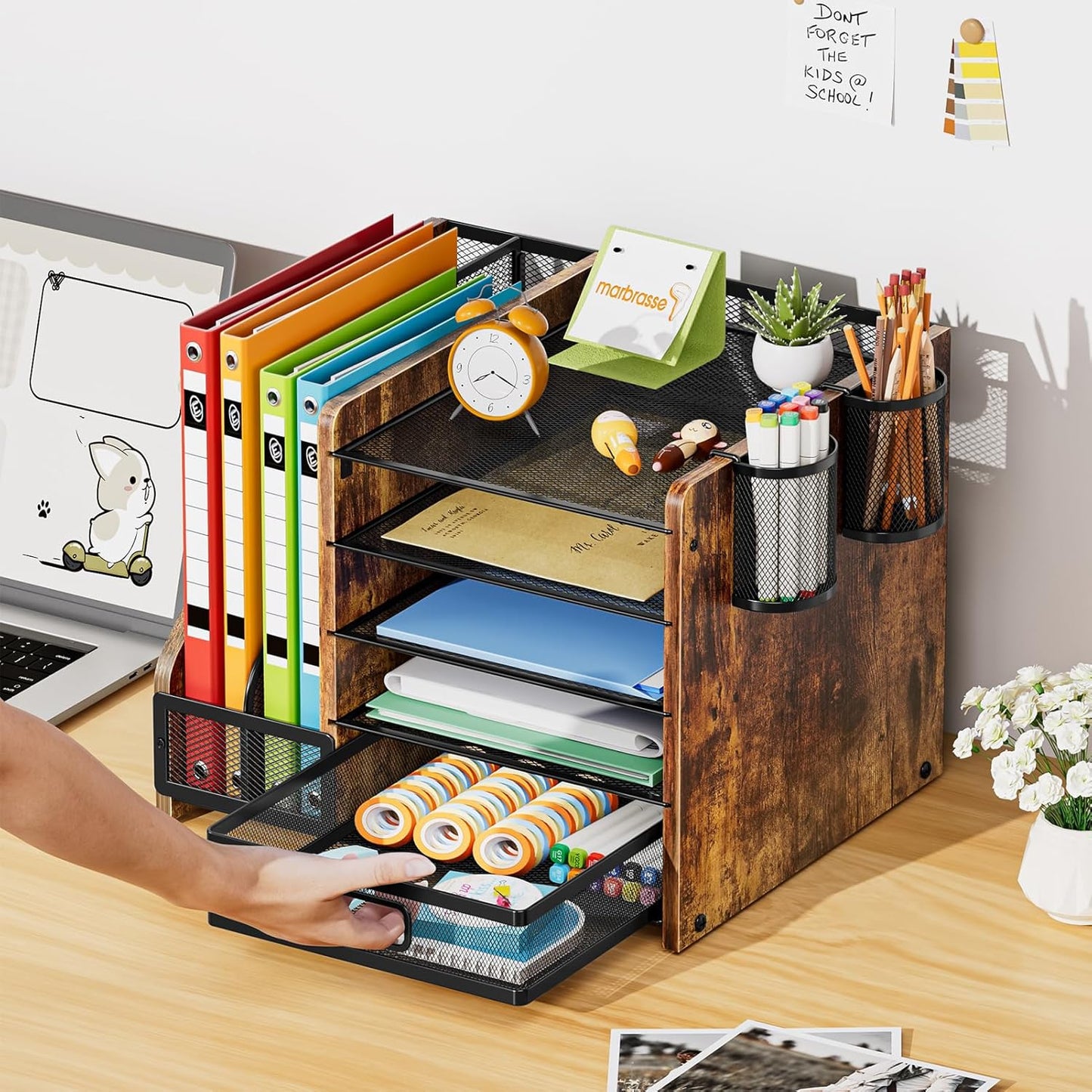 Marbrasse Desk Organizer with File Holder, 5-Tier Paper Letter Tray Organizer with Drawer and 2 Pen Holder, Mesh Desktop Organizer and Storage with Magazine Holder for Office Supplies(Black)