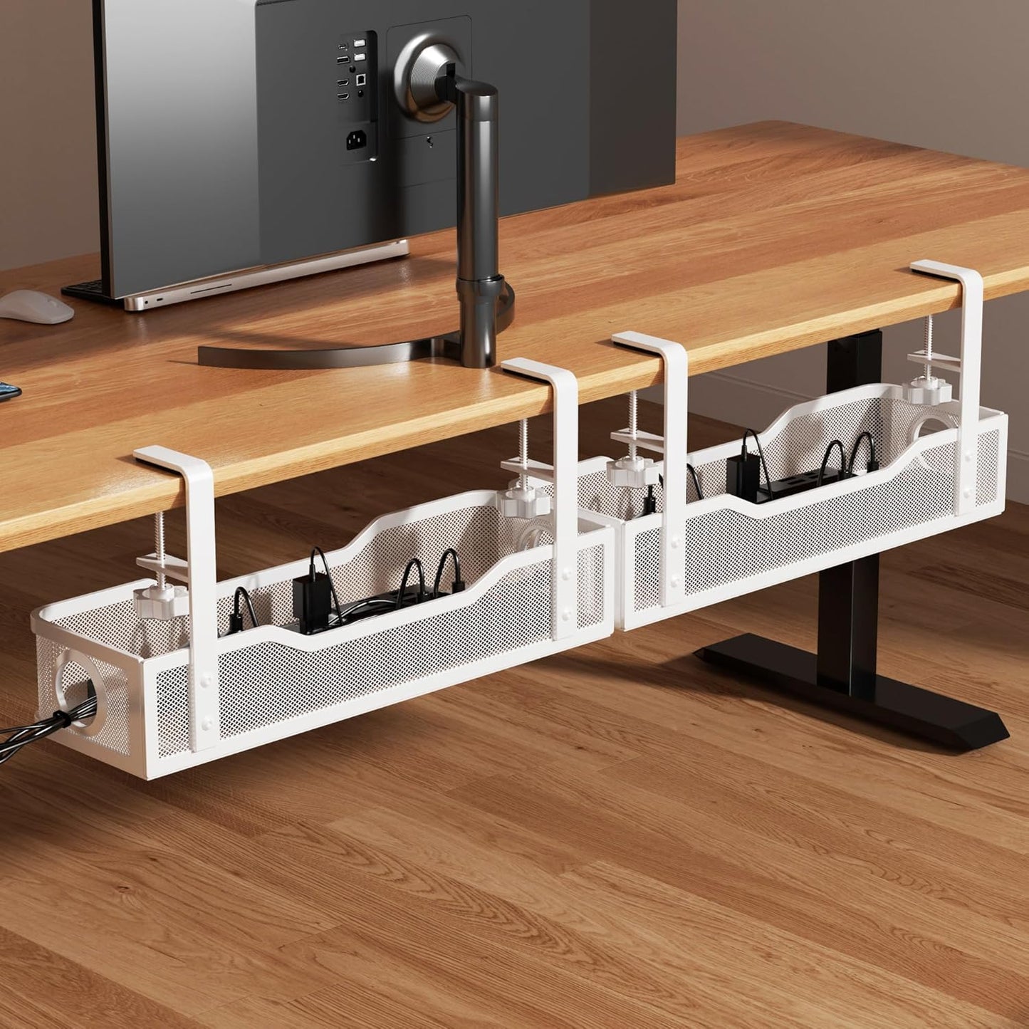Under Desk Cable Management Tray White, Cinati Wire Organizers No Drill, Cable Tray with Clamp for Wire Management, Cord Organization Box for Office, Home - No Damage to Desk