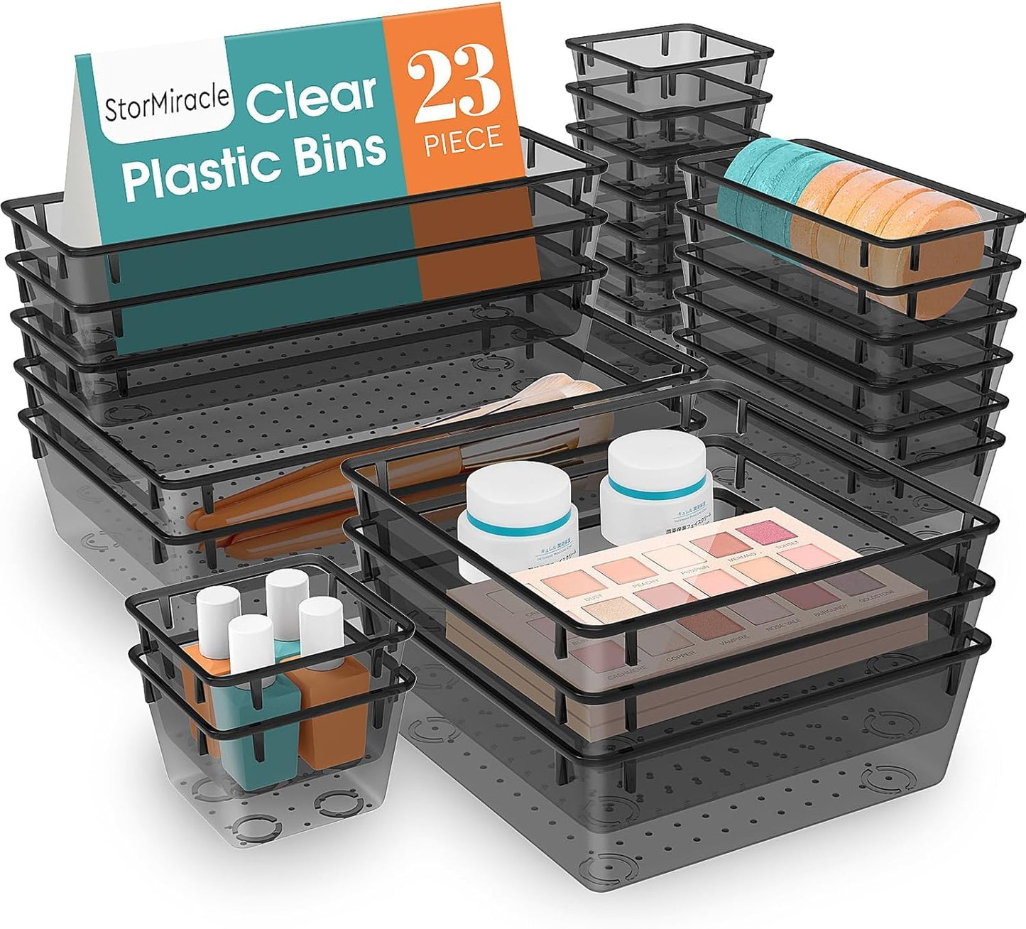 StorMiracle 16 PCS Drawer Organizer Set, 5 Varied Size Bathroom and kitchen Drawer cabinet organizer Trays, Clear Storage Bins for Makeup, Jewelry, Utensils and Gadgets