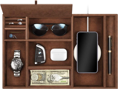 SITHON Valet Tray Desktop Organizer - 8 Compartments Catchall EDC Tray PU Leather Bedside Vanity Nightstand Caddy Coin Box Key Jewelry Storage Organizer, Black