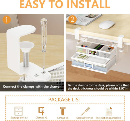 Under Desk Drawer Organizer with 2 Slide Out Drawers – No Drilling Metal Clamp-On Storage, Anti-Slip Desk Drawer Attachment for Home & Office Desktop Organization (White)