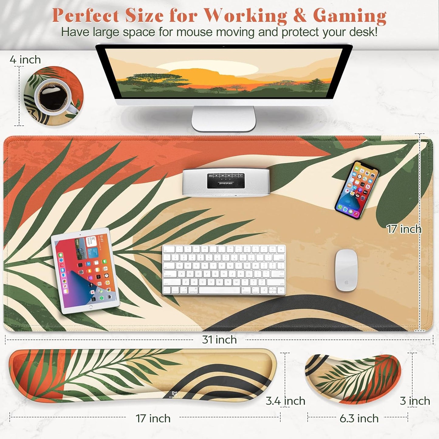 Gimars Upgrade Enlarge Silky and Superfine Fabric Gel Memory Foam Keyboard Wrist Rest Set, Ergonomic Keyboard Mouse Wrist Support for Typing Pain Relief, Comfort for Office, Gaming, Computer