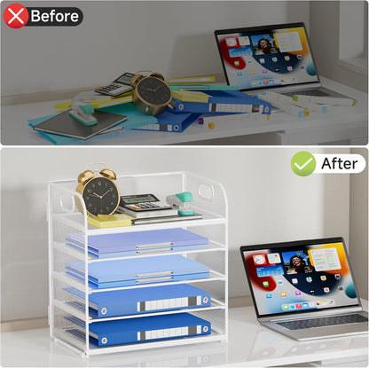 Paper Organizer Letter Tray with Handle, 5-Tier Black Stackable Desk Organizer with Metal Mesh, Sturdy Paper Tray for Office Desk, Home & Classroom Supplies Storage