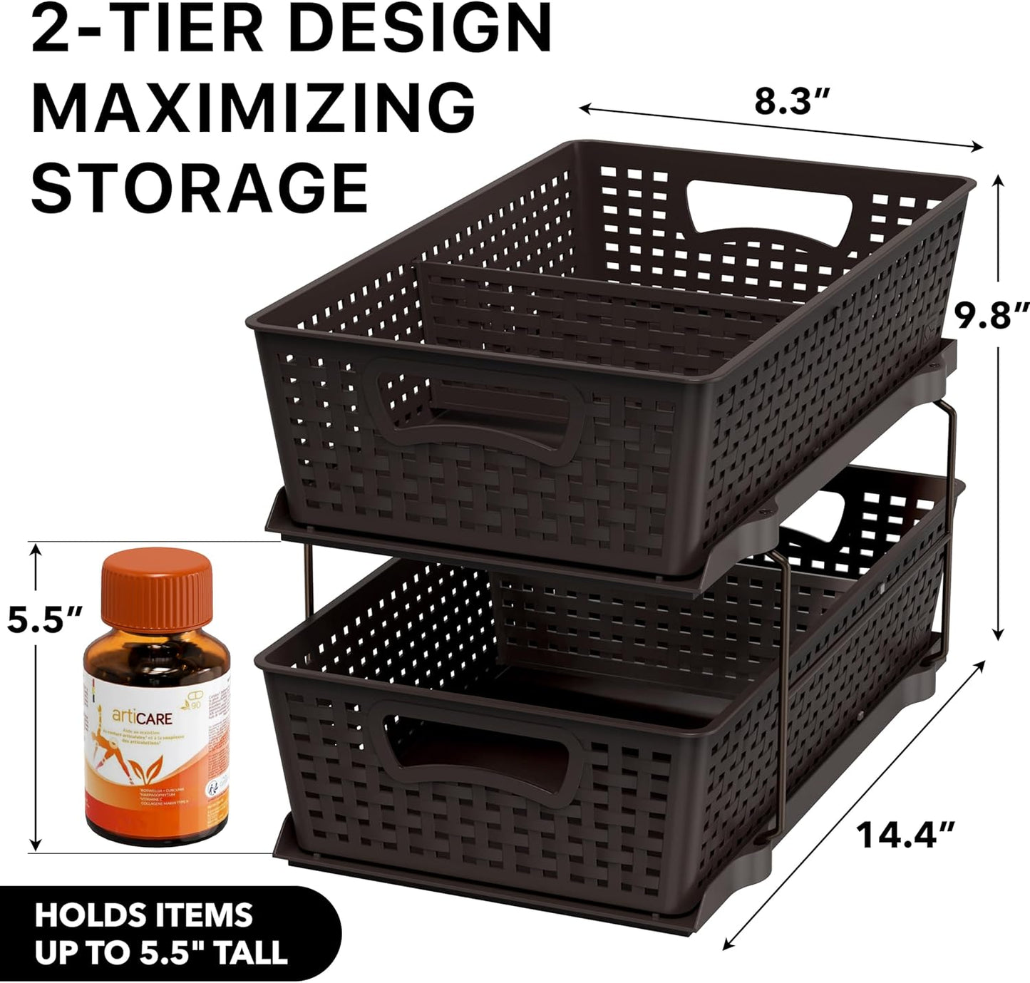 Simple Houseware 2 Tier Bathroom Organizer Tray Pull-Out Sliding Drawer, Under Sink Storage, Black