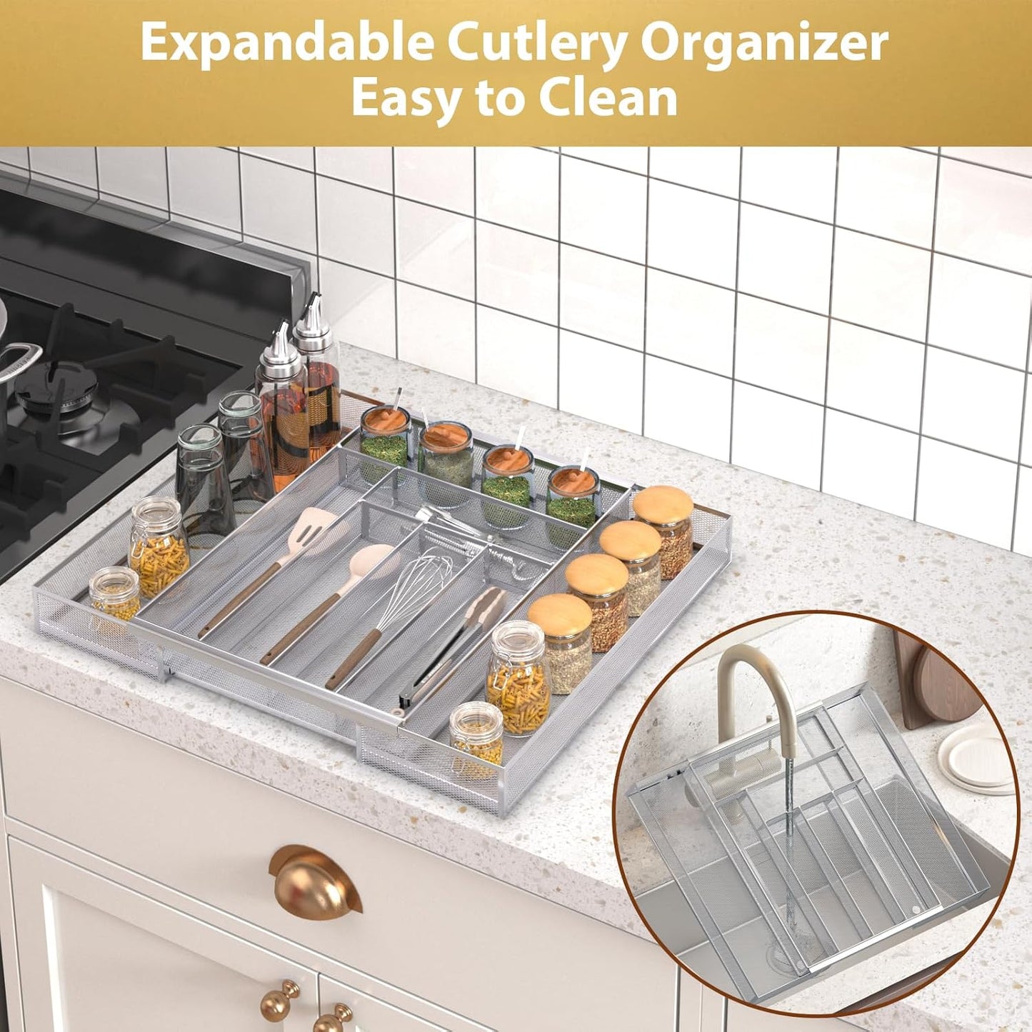 Sedegn Silverware Organizer Metal Mesh, Small Drawer Organizer, Utensil Cutlery Tray for kitchen drawers, Flatware Organizer with 5 Compartment, Black(9.3"*12.6")