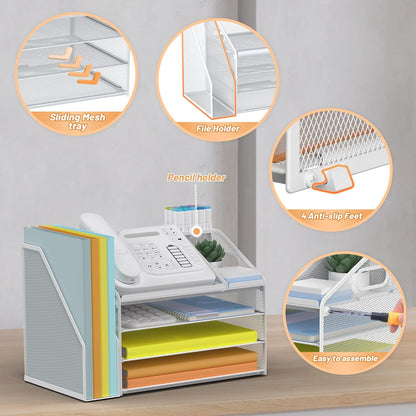 DocNest 4 Tier Metal Mesh Letter Tray - Space Saving Desk File Organizer with Handle, Pen Holder & Folder Holder - Desktop Document Sorter for Office, Home, School, Classroom - Black