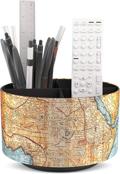 Hennaja Round Leather Art Supply Organizer,Remote Control Holder,360 Degree Rotating,Multi-Functional Pencil Holder,4 Compartments Desktop Stationary Organizer(1-Blue Bird) - Colors A