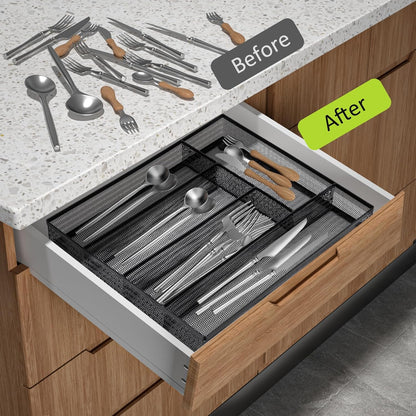 Neudeco Drawer Organizer Set 6 Pack - 5-Compartment Silverware Organizer Tray + 5 Utensil Trays, Kitchen Drawer Organizer for Flatware, Cutlery, Office Supplies, Black Mesh, Non-Slip.