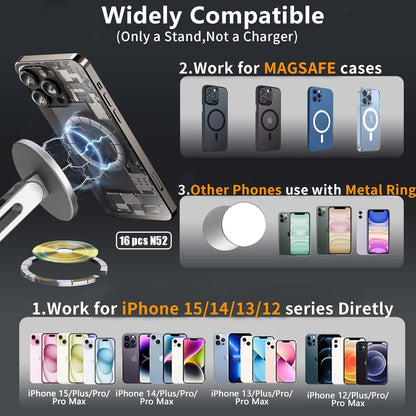 Magnetic Phone Stand for Desk, Heightened & Adjustable & Foldable Metal Magnetic Phone Holder Stand for Desk/Office/Home, Compatible with iPhone 12-17All Series/Mag Safe Case (Black