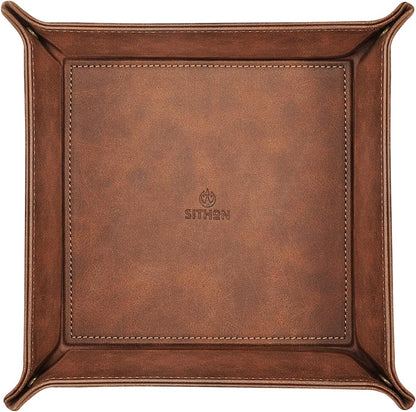 SITHON Valet Tray Desktop Storage Organizer – Premium PU Leather Catchall Bedside Vanity Tray Nightstand Caddy Holder for Keys, Phone, Wallet, Coin, Valentine's Day Gift, Brown
