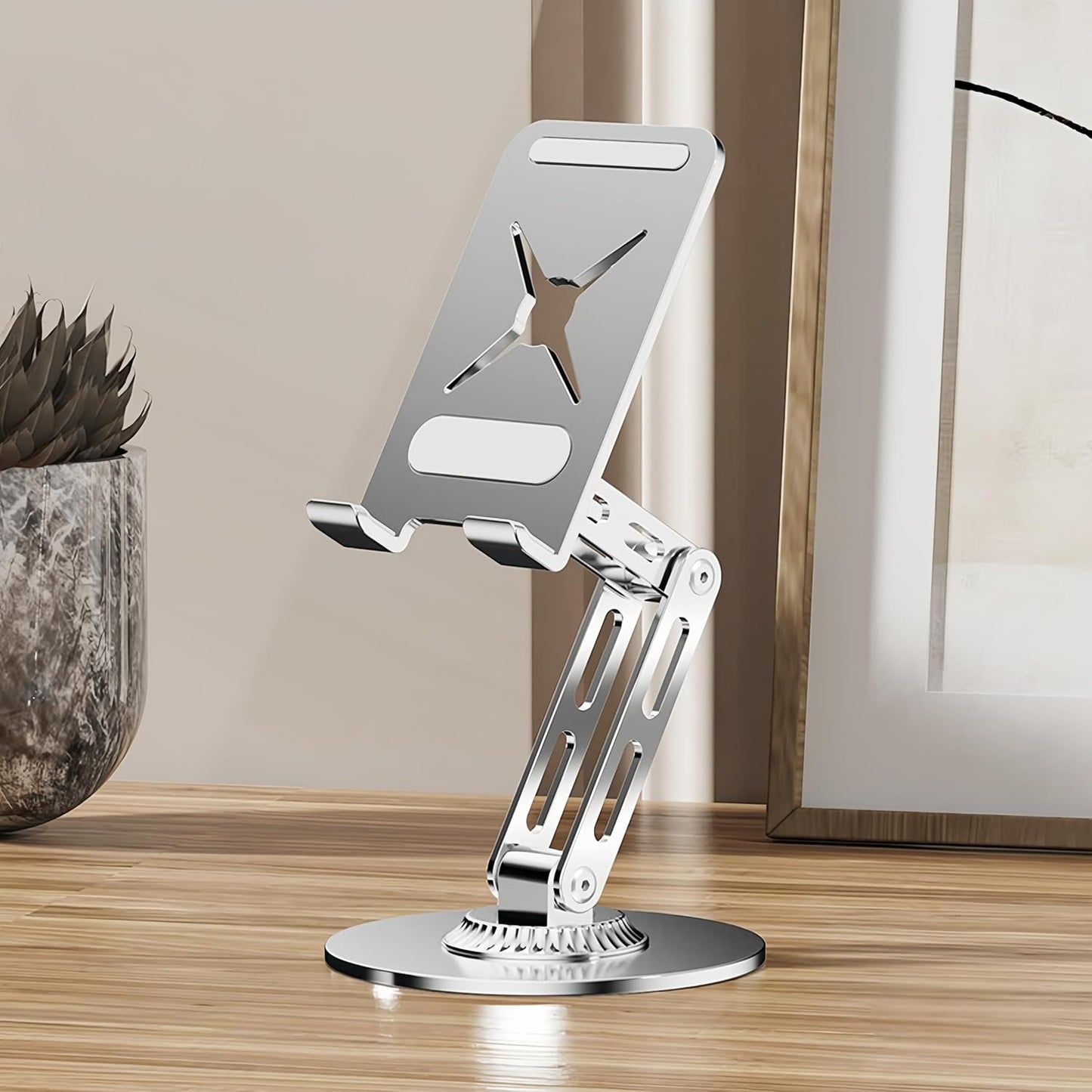 All-Metal Cell Phone Stand 360° Rotatable & Height Adjustable - 25KG Super Load-Bearing, Foldable Desk Stand for Phone, Compatible with iPhone 17/16/15/14, Nintendo Switch, Silver