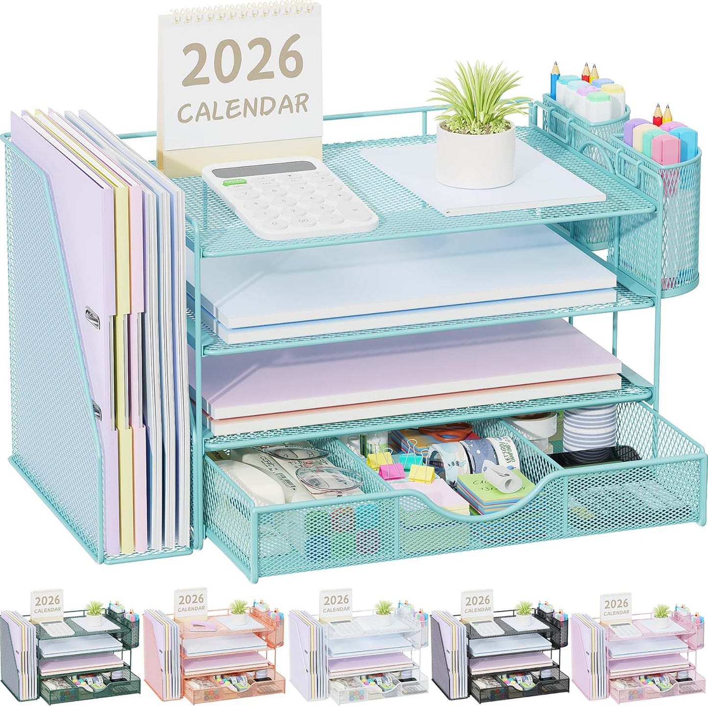 gianotter Desk Organizers and Accessories with File Holder, 4-Tier Desk Accessories & Workspace Organizers with Drawer and 2 Pen Holder, Paper Organizer for Office Supplies (Rose Gold)