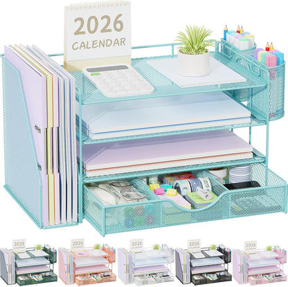 gianotter Desk Organizers and Accessories with File Holder, 4-Tier Desk Accessories & Workspace Organizers with Drawer and 2 Pen Holder, Paper Organizer for Office Supplies (Rose Gold)