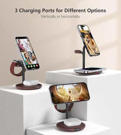 XooFly 3 in 1 Wireless Charging Station for Apple Devices, Fast Wireless Mag-Safe Charger Stand with 20W Adapter for iPhone 17 16 15 14 13 12 Pro Max/Air/Plus/Pro,iWatch,AirPods-Gift for Wife&Husband