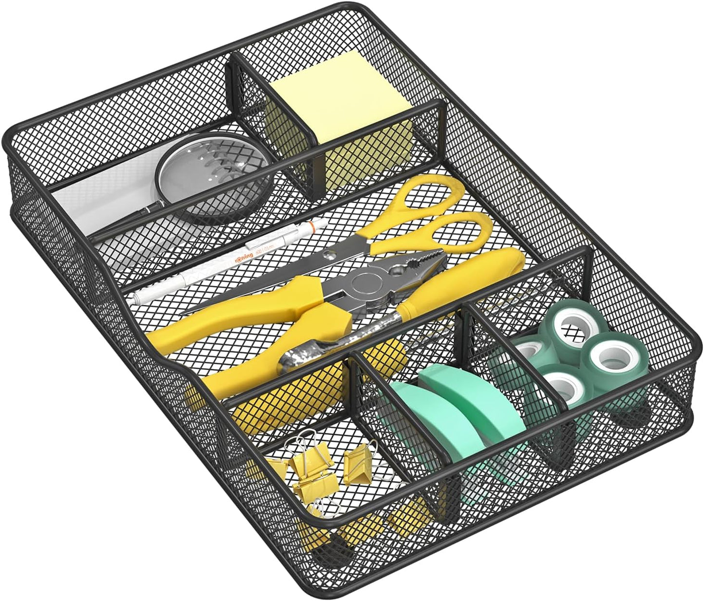 VyGrow Desk Drawer Organizer Tray, Metal Mesh Drawer Organizers Office, 6 Adjustable Compartment, Desk Organizer Tray for Home Office 12.87L x 8.73D x 1.96H inch, Black, 1PC Medium