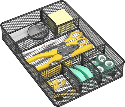 VyGrow Desk Drawer Organizer Tray, Metal Mesh Drawer Organizers Office, 6 Adjustable Compartment, Desk Organizer Tray for Home Office 12.87L x 8.73D x 1.96H inch, Black, 1PC Medium