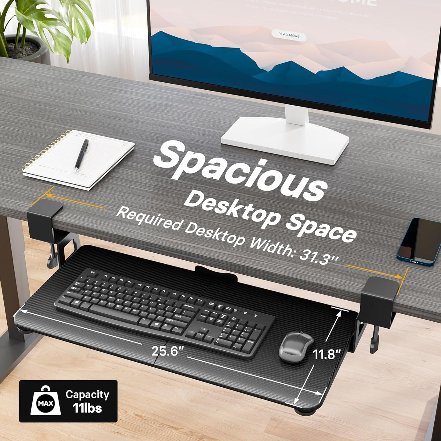 BONTEC KMT01 Under Desk Keyboard Tray, Pull-Out Keyboard & Mouse Platform with C-Clamp, 25.6 x 11.8 in Space-Saving Ergonomic Slide-Out Drawer, Black