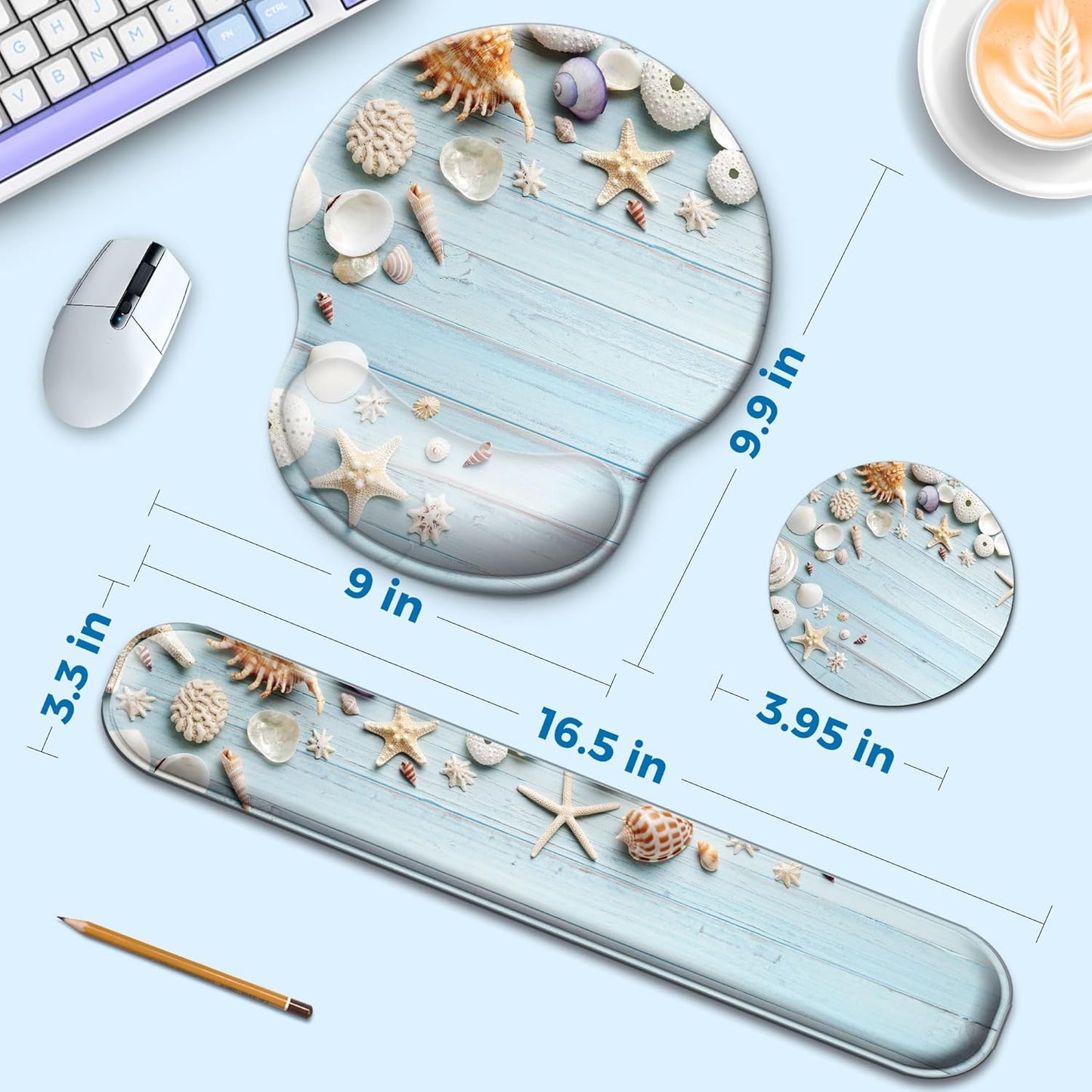 Mouse Pad and Keyboard Wrist Rest Support, with Non-Slip PU Base,Gel Mouse Pad with Coaster,Pain Relief for Gaming, Computer,Office -Beach